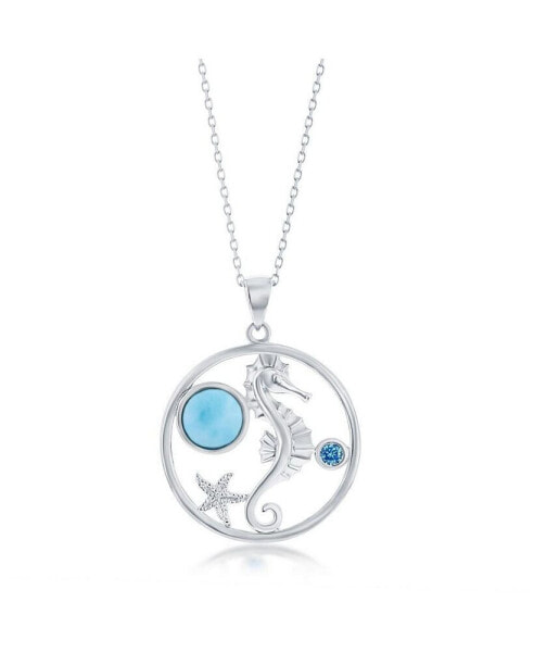 Sterling Silver Seahorse, Round Larimar & Blue CZ Necklace