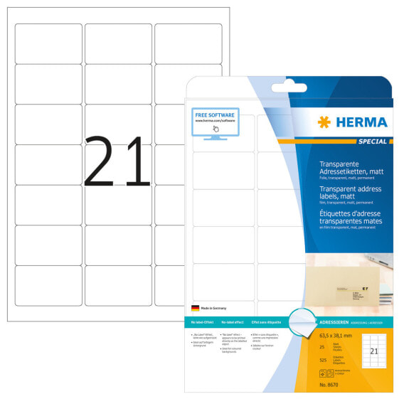 HERMA Address labels transparent matt A4 63.5x38.1 mm round corners film 525 pcs. - Transparent - Laser - Matte - Permanent - Rounded rectangle - Germany
