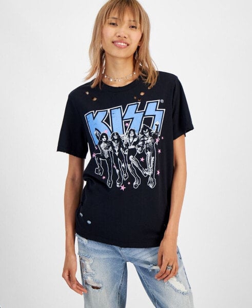 Juniors' Kiss Distressed Graphic T-Shirt