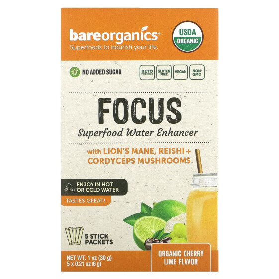 Органический растворитель суперфудов BareOrganics "Фокус", вишня-лайм, 5 пакетиков по 6 г