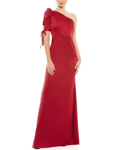 Mac Duggal Satin One-Shoulder Puff Sleeve Trumpet Gown Women's