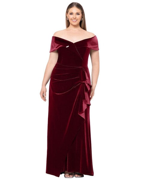 Plus Size Velvet Off-The-Shoulder Ruffle Gown