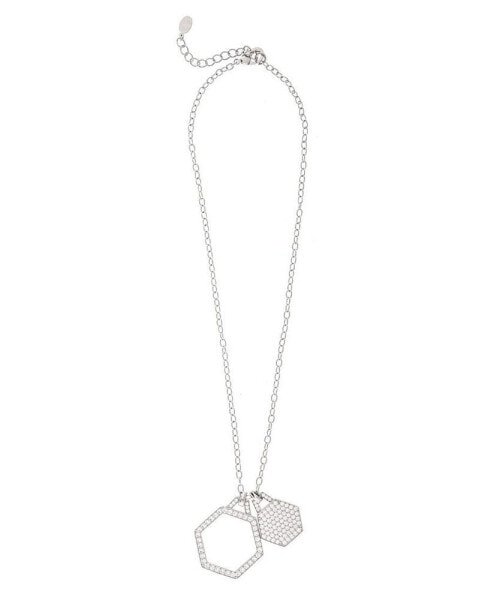 Rhodium Double Cubic Zirconia Hexagon Charm Necklace