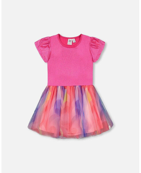 Girl Bi-Material Shiny Rib And Mesh Dress Fuchsia With Printed Rainbow Heart - Toddler Child