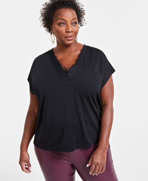 Plus Size Lace-Trim V-Neck Top, Created for Macy's