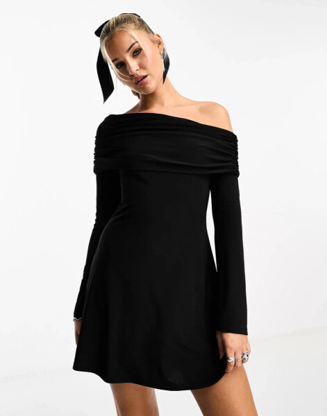 ASOS DESIGN ruched slash neck cold shoulder mini dress in black