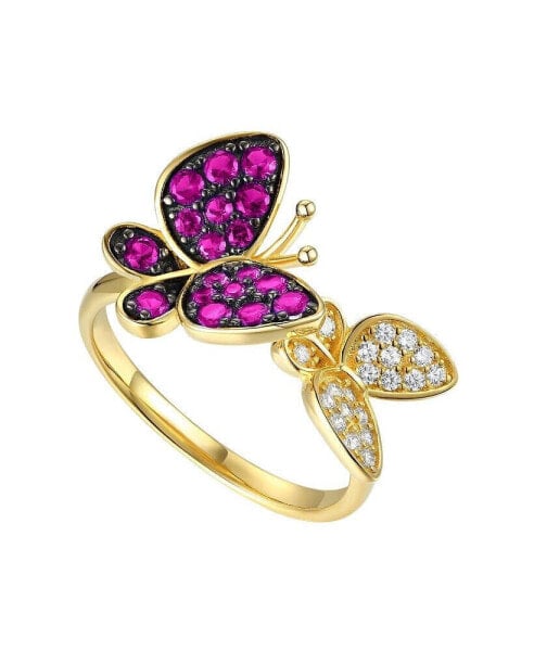 14k Gold Plated Sterling Silver with Ruby & Cubic Zirconia Double Butterfly Stacking Ring