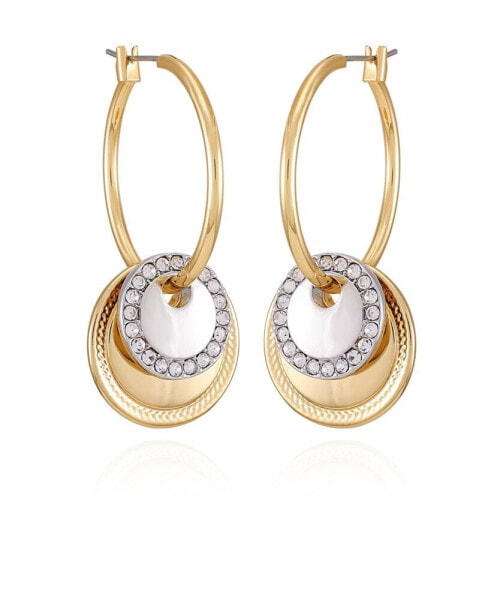 Gold-Tone Glass Stone Circle Coin Hoop Earrings