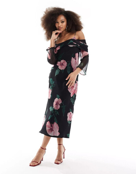 ASOS DESIGN long sleeve bardot midi dress in black floral print