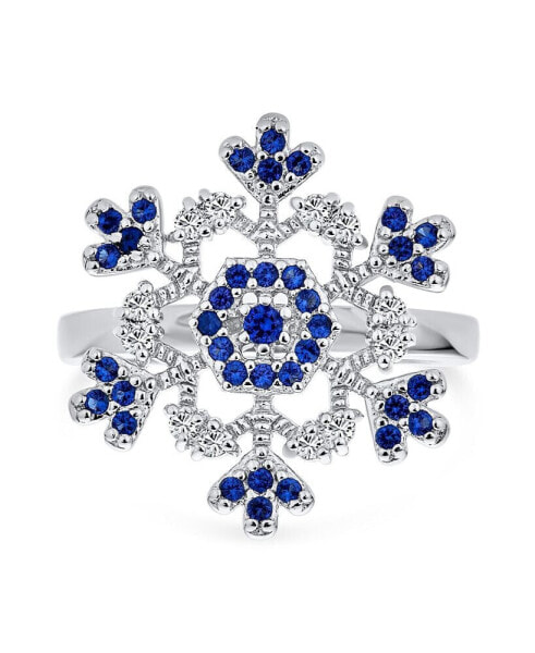 Winter Holiday Christmas Statement 2 Tone Blue Clear Cubic Zirconia Flower Snowflake CZ Ring Cocktail For Women .925 Sterling Silver