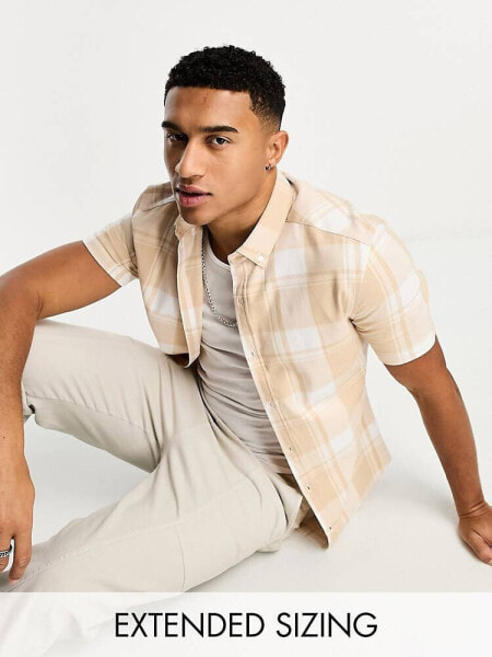 ASOS DESIGN stretch skinny check shirt in beige