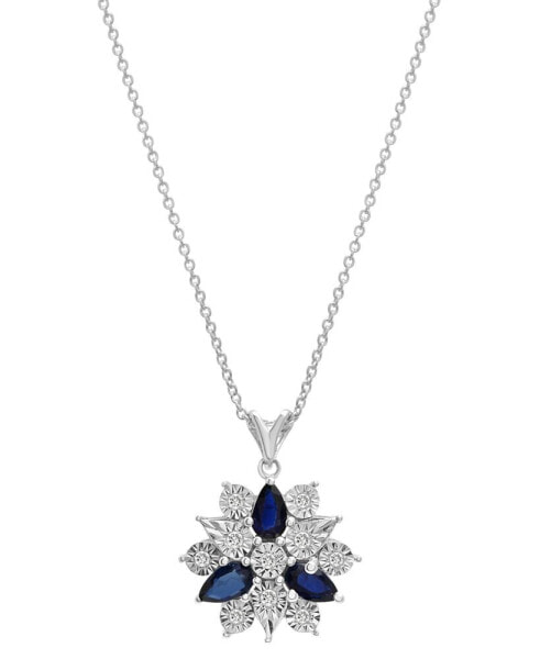 Macy's lab-Grown Blue Sapphire (7/8 ct. t.w.) & Diamond (1/10 ct. t.w.) Flower 18" Pendant Necklace in Sterling Silver