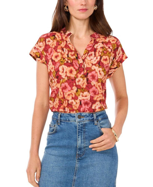 Women's Floral-Print Split-Neck Short-Sleeve Top