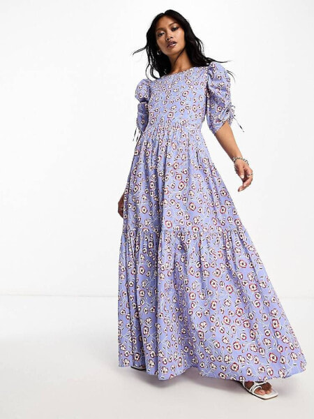 BOSS Orange Debest floral maxi dress in light blue with puff sleeves