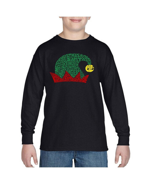 Child Christmas Elf Hat - Boy's Word Art Long Sleeve T-Shirt