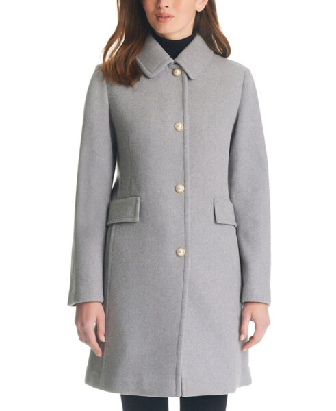 Women's Single-Breasted Imitation Pearl-Button Wool Blend Coat