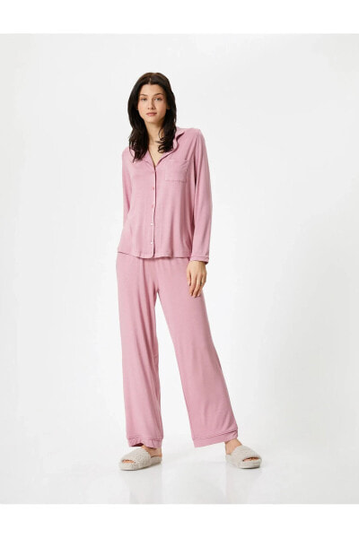 Düğmeli Pijama Takımı Uzun Kollu Cepli Düz Paça