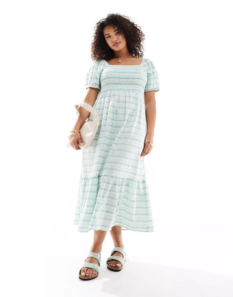 Esmee Curve stripe puff sleeve maxi dress in green