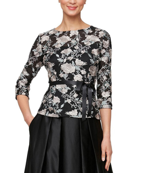 Women's Embroidered Floral Belted Blouse