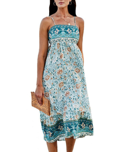 Women's Teal & Blue Square Neck Boho Maxi Beach Dress