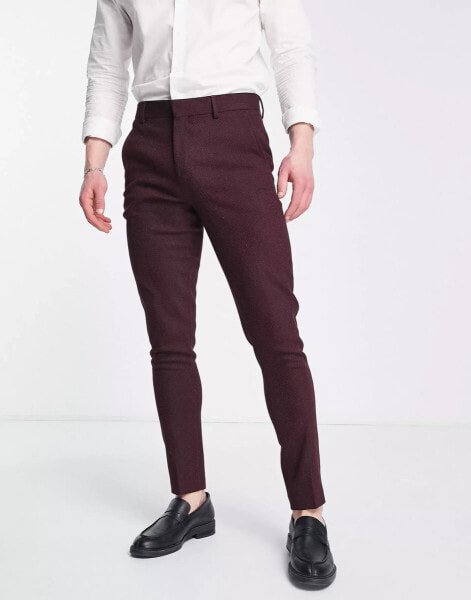 ASOS DESIGN wedding skinny wool mix suit trousers in burgundy herringbone