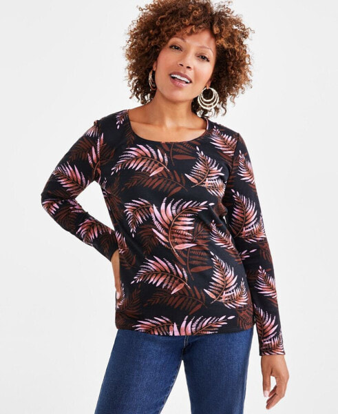 Petite Palm Perfection Scoop-Neck Long-Sleeve Top, Created for Macy's