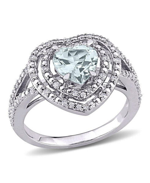 Aquamarine (1 1/2 ct. t.w.) and Diamond (1/5 ct. t.w.) Halo Heart Ring in 10k White Gold