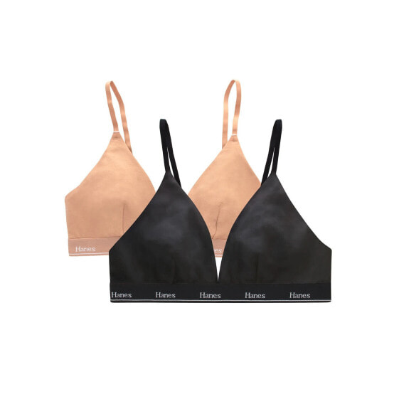 2-Pack Hanes Originals Stretch Triangle Bra Women's XL Black/Beige Cotton Solid