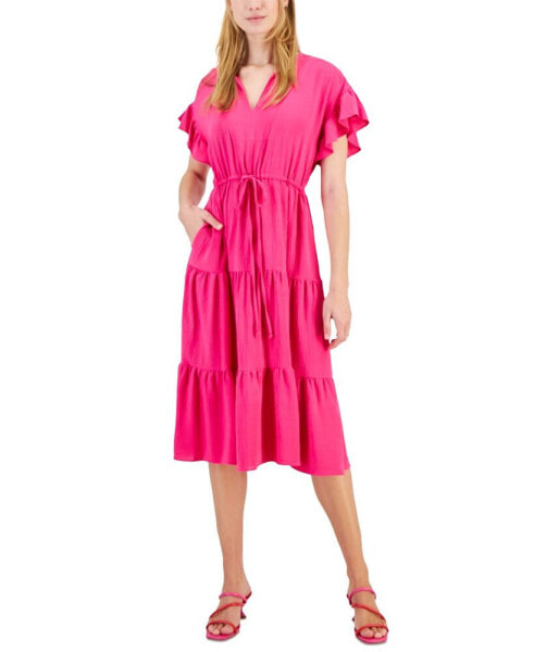 Women's Flutter-Sleeve Tie-Waist Tiered Side-Pocket Midi Dress