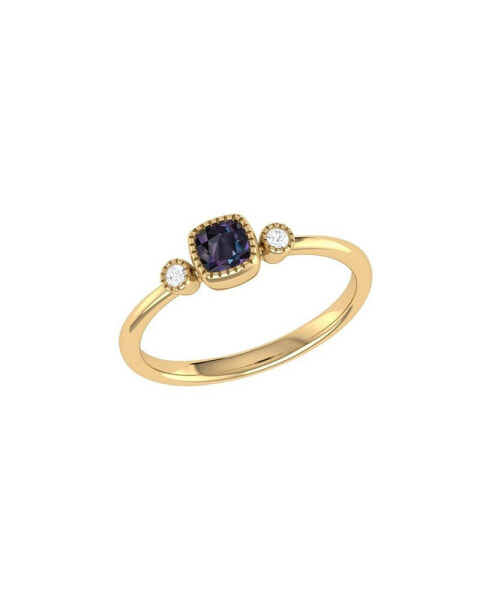 Cushion Cut Alexandrite Gemstone, Natural Diamonds Birthstone Ring in 14K Yellow Gold