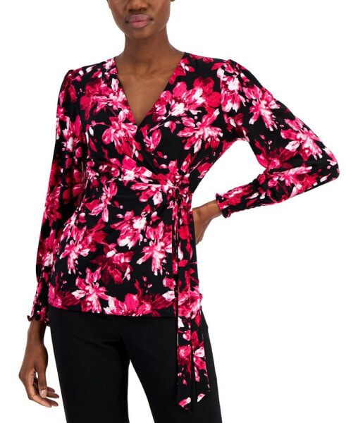 Women's V-Neck Side-Tie Printed Knit Top