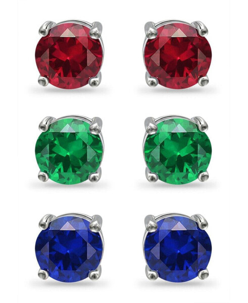 Lab Grown Green Quartz, Lab Grown Ruby and Simulated Blue Sapphire Stud Earring Set, 3 Piece