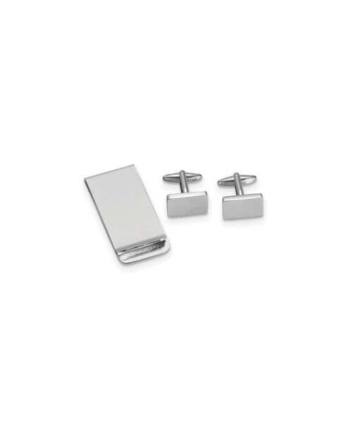 Silver-plated Rectangular Engravable Cuff Link and Money Clip Set