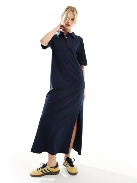 ASOS DESIGN collared placket midaxi t shirt dress in navy