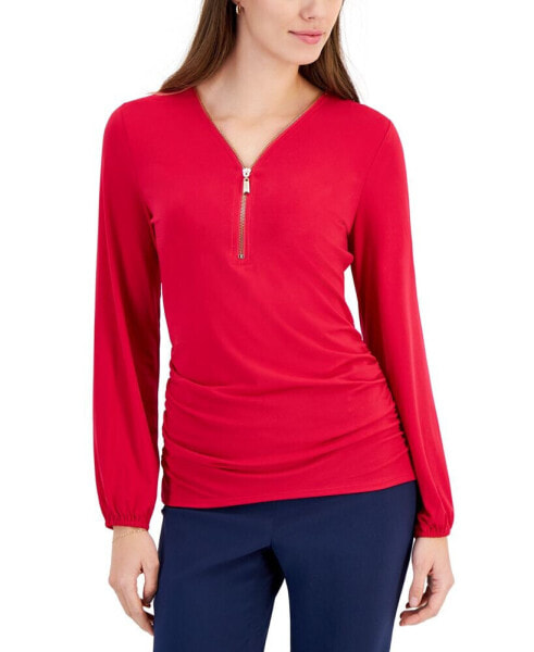 Women's Zip V-Neck Ruched Front Top, Created for Macy's