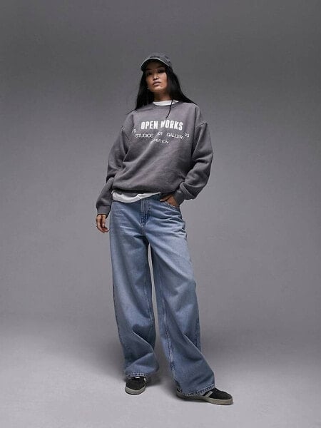 Topshop graphic open works vintage wash oversized sweat in charcoal