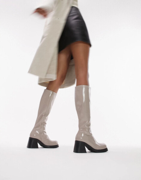 Topshop Wide Fit Maisie knee high block heel boot in off white