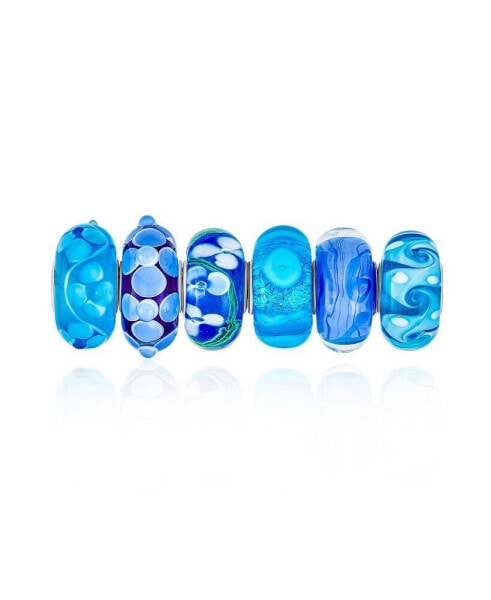 Mixed Set Of 6 Bundle Sterling Silver Core Translucent Shades Of Blue Murano Glass Swirl Flower Charm Bead Spacer Fits European Bracelet For Women