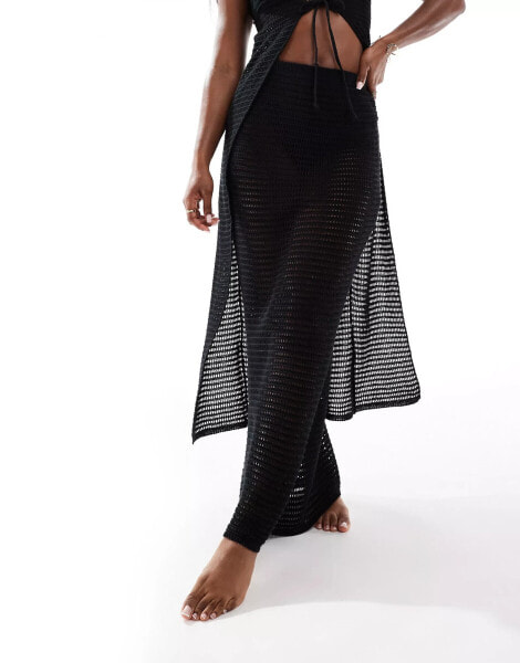 Kaiia crochet knit maxi beach skirt co-ord in black