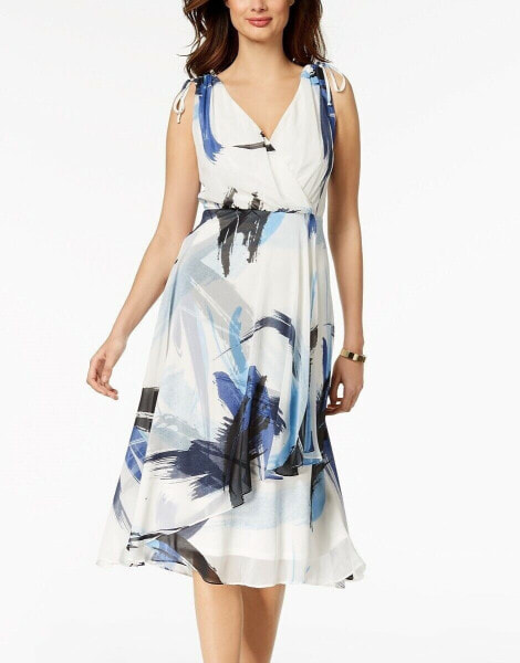 Taylor 158514 Women's Printed A-line Midi Dress Sleeveless Ivory/Royal Sz. 2