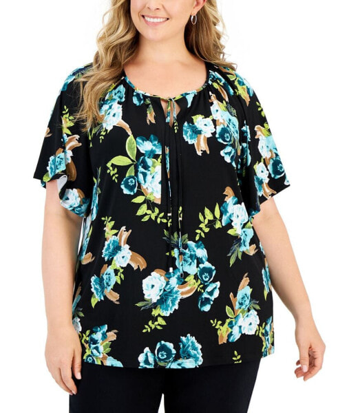 Plus Size Floral Print Split-Neck Top, Created for Macy's