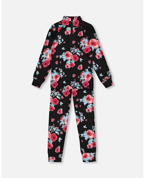 Girl Two Piece Thermal Underwear Set Black Printed Roses - Child