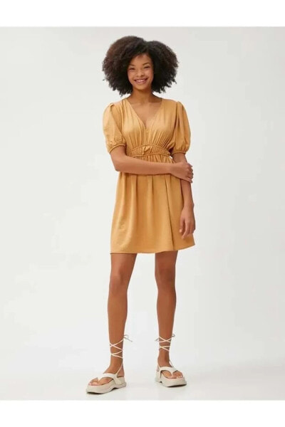 Kadın Giyim Mini Elbise V Yaka Balon Kollu Beli Büzgülü 3sal80137ıw Açık Kahverengi Açık Kahverengi