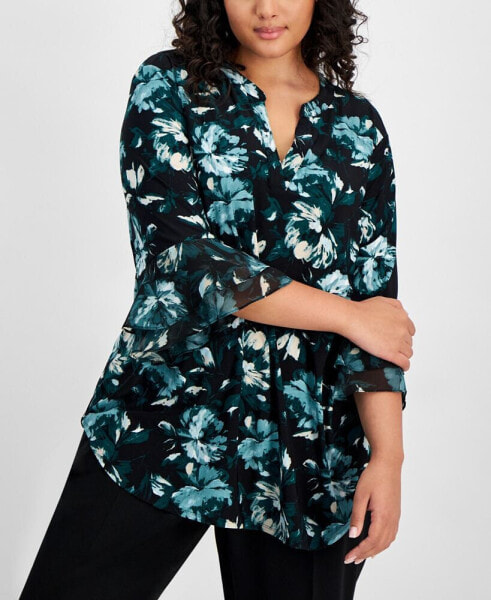 Plus Size Printed Split-Neck Bell-Sleeve Blouse