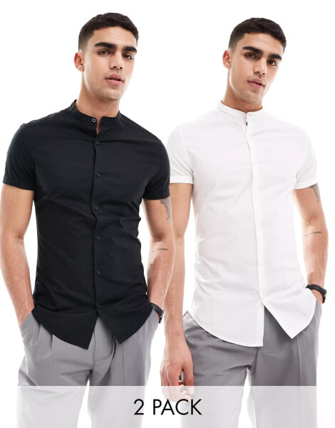 ASOS DESIGN 2 pack skinny fit grandad collar shirt with roll sleeves in white/black