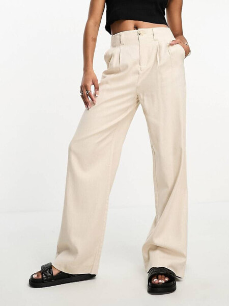 Stradivarius Petite linen look wide leg trouser in natural