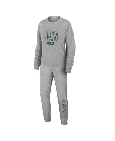 Women's Heather Gray New York Jets Knit Long Sleeve Tri-Blend T-shirt and Pants Sleep Set