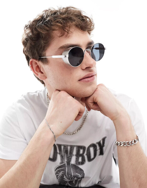 ASOS DESIGN oval metal sunglasses with grids in silver