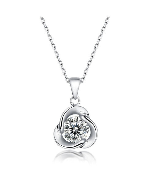 Sterling Silver White Gold Plated with 1ct Round Moissanite Solitaire Flower Swirl Pendant Necklace