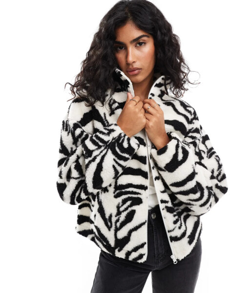 ASOS DESIGN high neck borg zip up in zebra